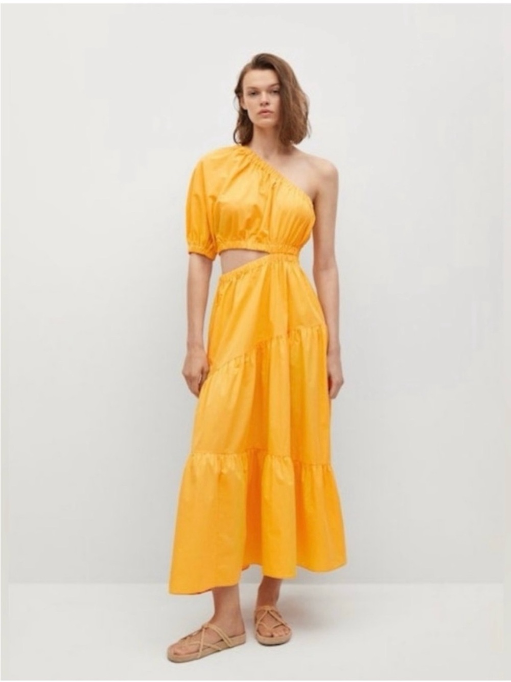 Mango Yellow One-Shoulder Poplin Cutout Maxi Dress in Bright Yellow